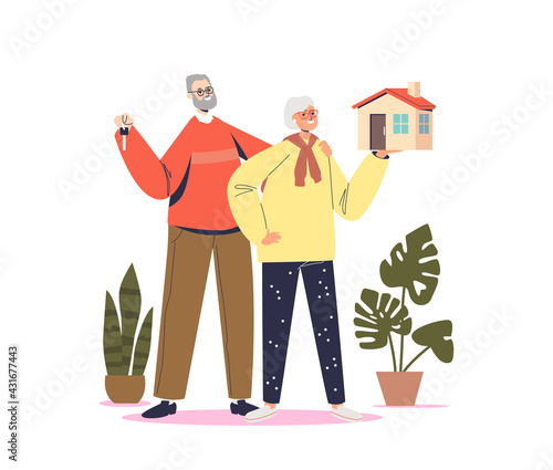 Senior couple buy house. Elder aged man and woman, husband and wife hold little home building