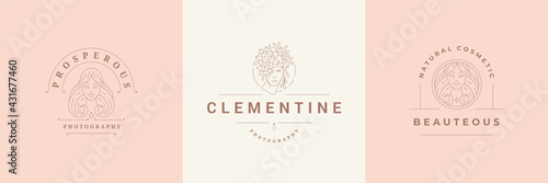 Feminine logos emblems design templates set with magic female portraits vector illustrations minimal linear style