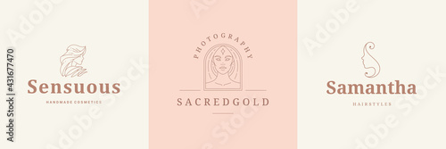 Feminine logos emblems design templates set with female portraits vector illustrations minimal linear style