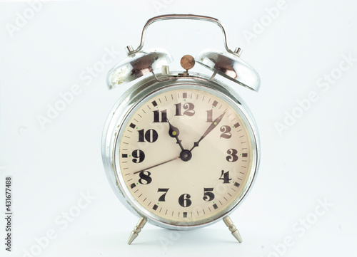 Vintage retro metal alarm clock with bells, isolated object, design element
