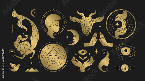 Magic woman boho vector illustrations of graceful feminine women and esoteric symbols set