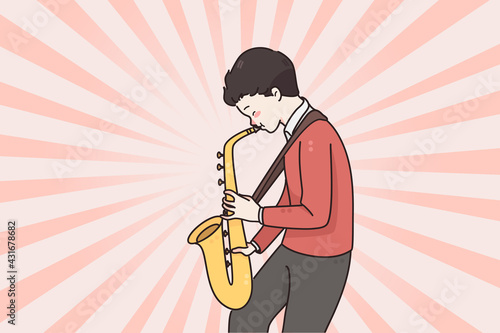 Musician and playing saxophone concept. Small positive man boy cartoon character musician standing and playing saxophone music melody vector illustration 