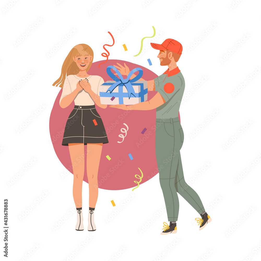 Man Courier in Orange Cap Delivering Gift to Woman for Special Occasions Like Birthday or Holiday Vector Illustration Man Courier in Orange Cap Delivering Gift to Woman for Special Occasions Like Birthday or Holiday Vector Illustration