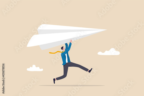 Start new business, startup or entrepreneurship, creativity and inspiration to achieve business success concept, ambitious businessman running about to throwing to launch big paper airplane origami.
