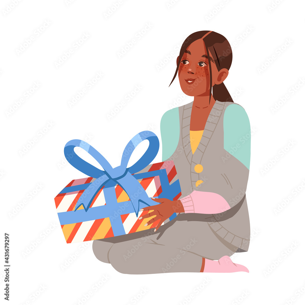 Obraz premium Excited Woman Receiving Wrapped Gift Box for Special Occasion Like Birthday or Holiday Celebration Vector Illustration