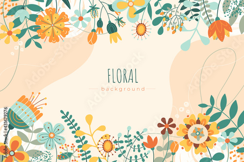 Horizontal colorful floral background.Border of flowers decoration element.Greeting card design template.Spring season banner.Modern vector illustration for invitation, cover, banner, web, printable