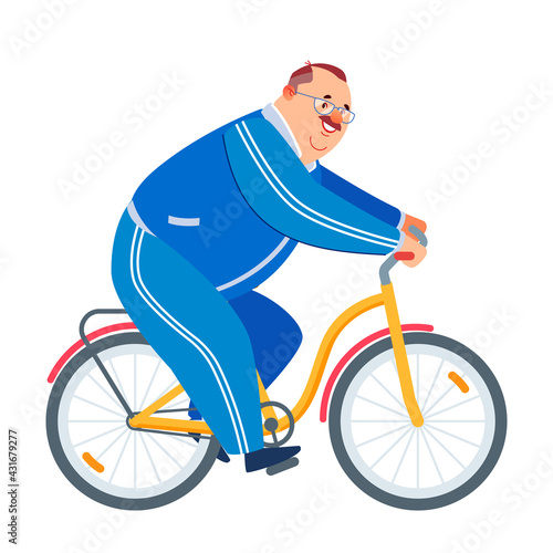 Grandfather riding bicycle park. Active old age, senior man lifestyle. Healthy senior athlete cycling. Happy fat retired man exercising while cycling. Cartoon vector illustration.