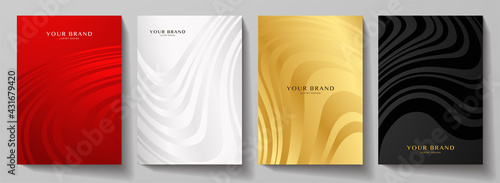 Modern cover design set.  Abstract wavy line pattern (curves) in premium red, silver, gold, black color. Creative stripe vector collection for business background, brochure template, booklet, flyer