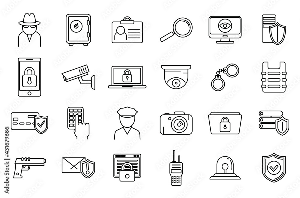Security service scan icons set, outline style Security service scan icons set, outline style