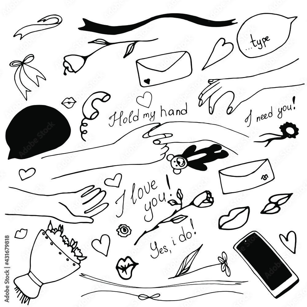 Doodle.Love story set.Line art  love.Hands,heart,messege,phone,kiss,flower.Line art hand drawn vector.  Векторный объект Stock | Adobe Stock