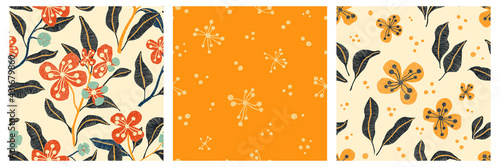 Set of seamless floral patterns in the style of a punch needle. Embroidery print for home decor. Vector illustration.