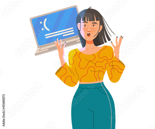 Female Frowning with Annoyance Having Her Laptop Broken Down Vector Illustration