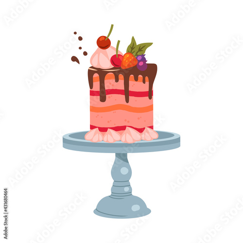 Festive Multilayered Cake Decorated with Whipped Cream and Berries on Pedestal Cake Plate Vector Illustration