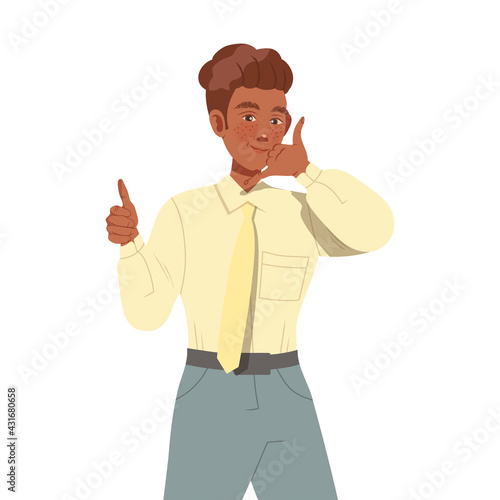Young Male Showing Thumb Up and Call Me Hand Gesture Vector Illustration