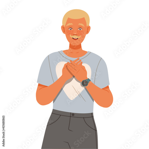 Moustached Male Holding His Hands Near Heart Showing Positive Gesture Feeling Happiness and Excitement Vector Illustration