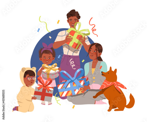 Family Gathered Together for Giving Gifts to Each Other Celebrating Special Occasion Like Birthday or Holiday Vector Illustration