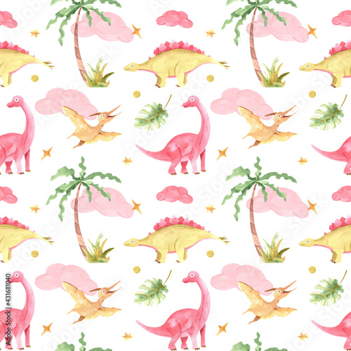 Fototapeta Naklejka Na Ścianę i Meble -  Hand painted watercolor dinosaurs seamless pattern with palm tree, on a white background. Dino background for children