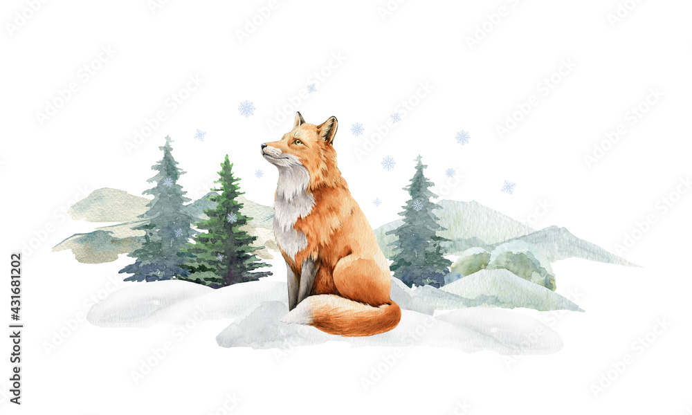 Fox animal in winter landscape. Watercolor illustration. Wild cute red fox  in winter forest. Festive image