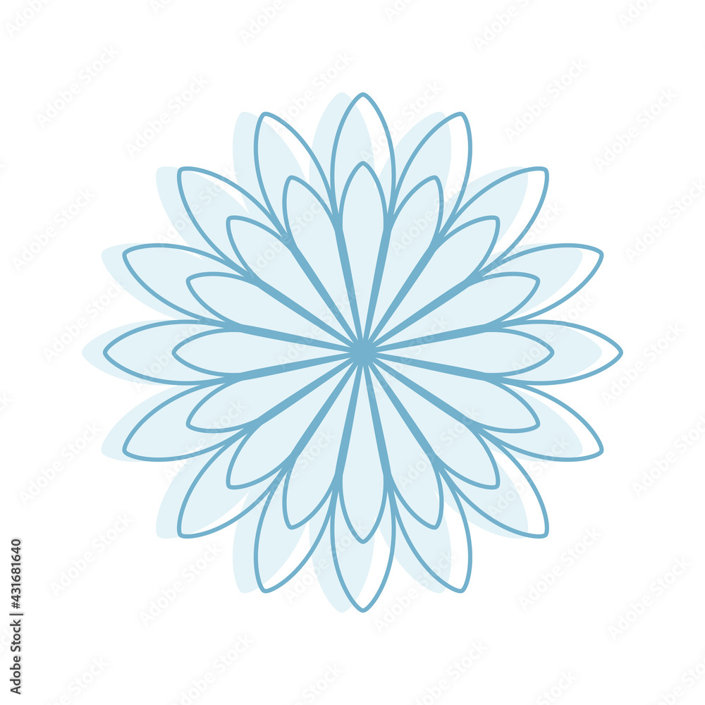 Linear vector isolated ornament. A simple snowflake, a winter pattern. Contour blue flower. Pastiche