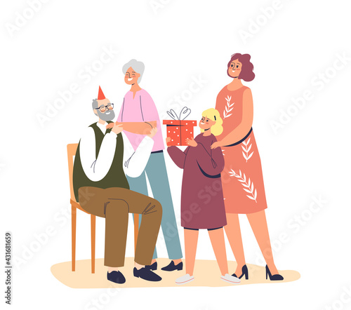 Family greeting happy grandfather with birthday. Wife, daughter and grandchild giving present