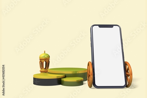 Islamic background, lantern, gold crescent moon on white. Design concept of ramadan kareem, eid al fitr adha, 3D eid phone mockup idea, 3D illustration.