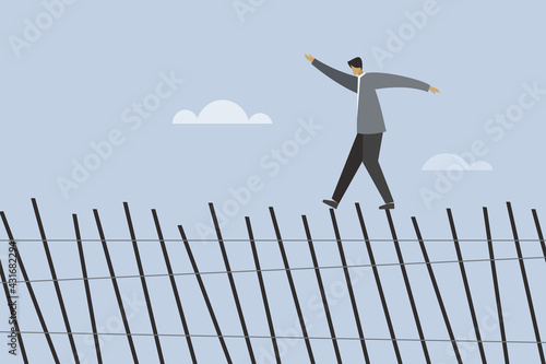Illustration of a business executive takes the risk of walking over a collapsing fence