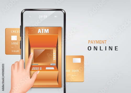 Raise your hand and press your finger to an ATM to withdraw money or pay bills online for patment and shopping online concept,payment on application smartphone,vector 3d isolated
