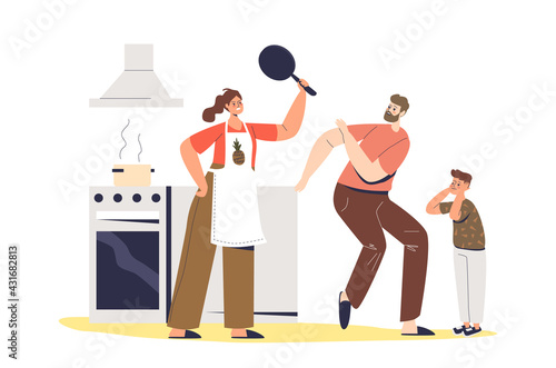 Angry wife and mother screaming at dad and kid. Violent housewife scolding family members