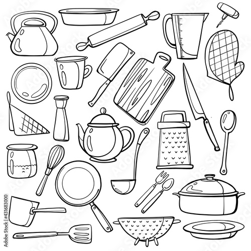 A set of kitchen utensils. Cooking accessories. Linear image. 