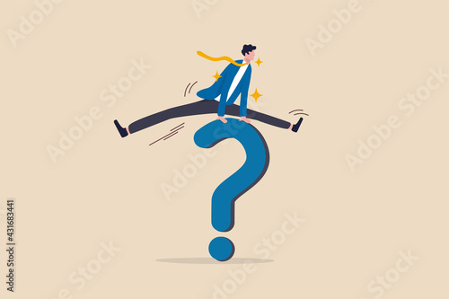 Solution to solve business problem, answer to hard question or ambition to overcome obstacle concept, business man jump over big question mark sign.