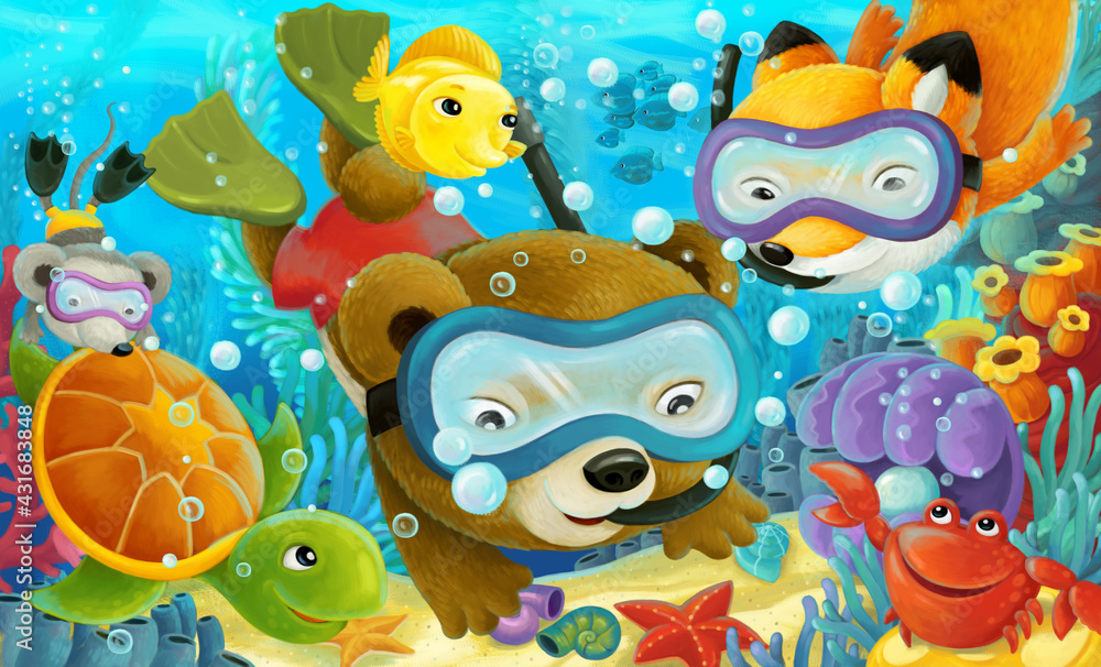 Fototapeta premium cartoon ocean coral reef and forest animals diving