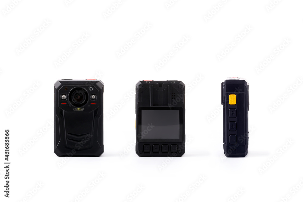 Officer body cam. Personal Wearable Video Recorder, Portable DVR, camera  isolated on white background. Closeup, front view, back view, side view.  Stock-Foto | Adobe Stock