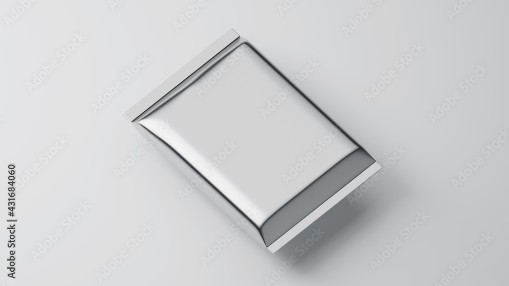 Close up of aluminum bag package on white background. Mock-up for branding and label. 3D render Close up of aluminum bag package on white background. Mock-up for branding and label. 3D render