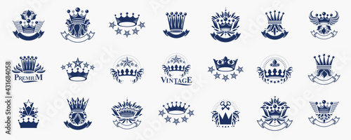 Heraldic Coat of Arms with crowns vector big set, vintage antique heraldic badges and awards collection, symbols in classic style design elements, family or business logos.