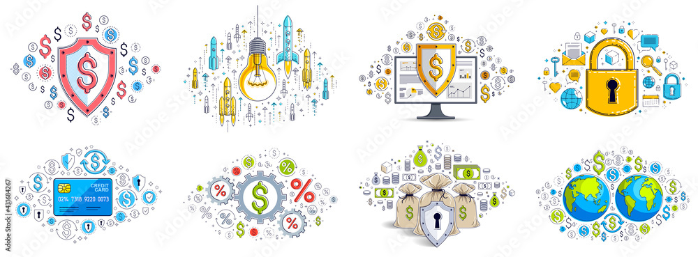 Fototapeta premium Business and finance theme different vector illustrations set with a lot of simple icons, trendy design drawings commercial theme collection, diversity of symbols and signs.