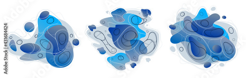 Fluids blue liquid shapes in motion vector abstract graphic design elements set, dynamic modern art flowing and changing forms, gradients lava bubbles collection.