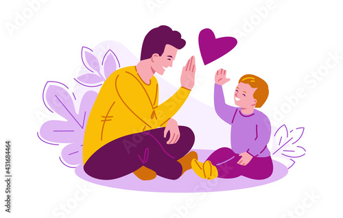 Father and son give five. Vector illustration for father's day. Flat cartoon style. Isolated on a white background.