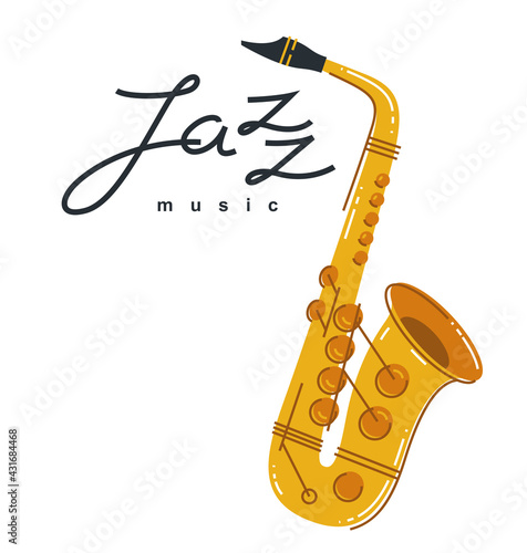 Jazz music emblem or logo vector flat style illustration isolated, saxophone logotype for recording label or studio or musical band.