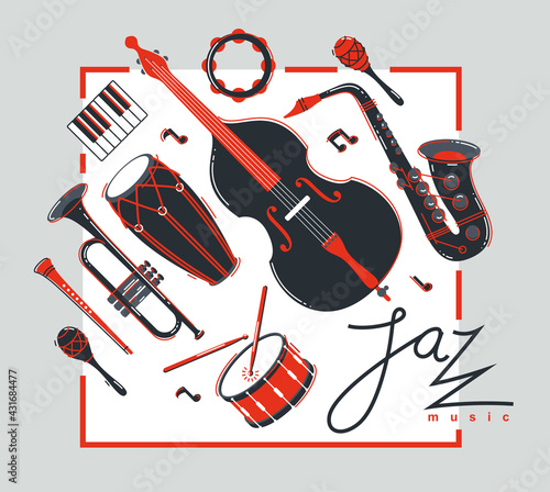 Jazz music band poster different instruments vector flat illustration, live sound festival or concert advertising flyer or banner, play different instruments orchestra.