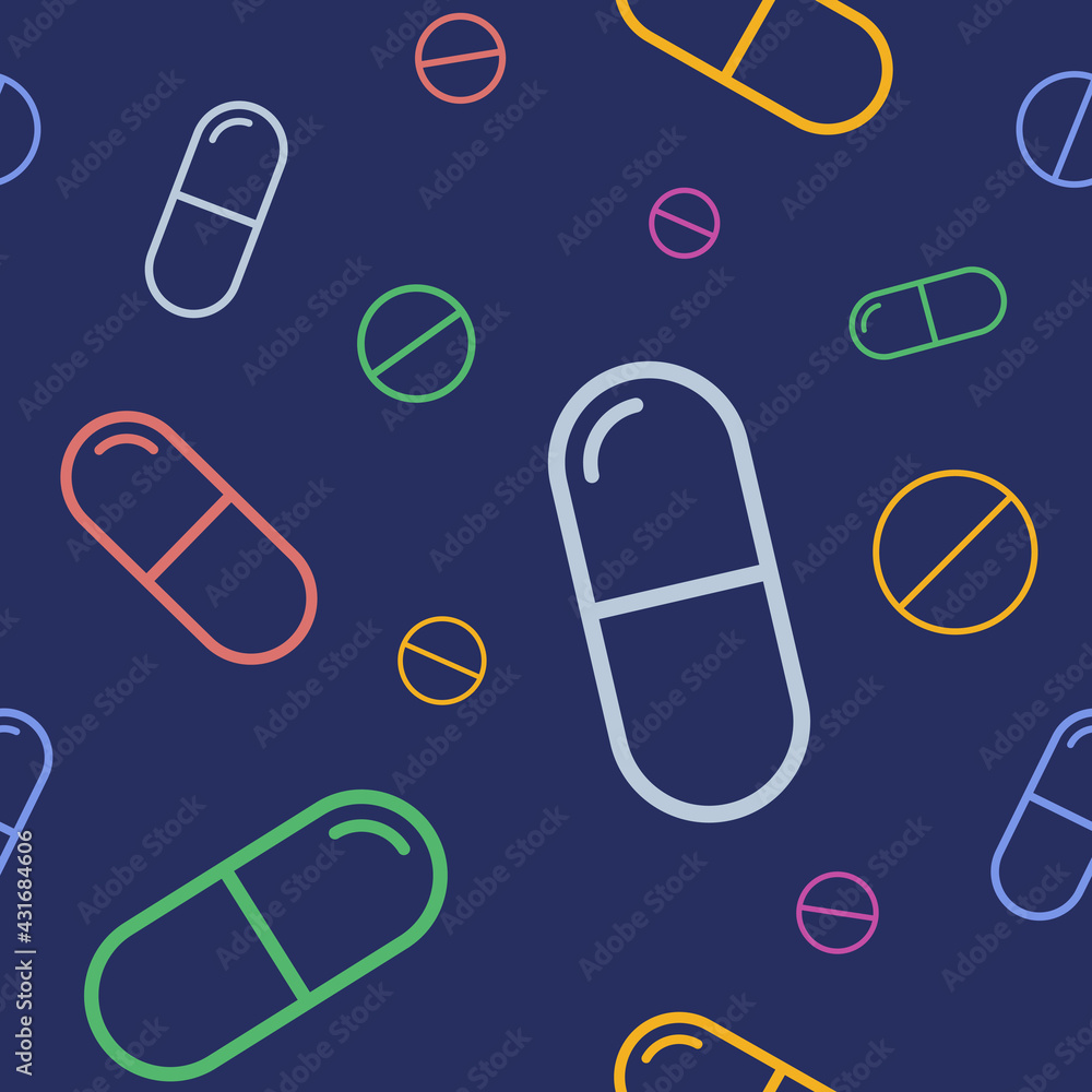 Vector seamless pattern with color pills, tablets, capsules, isolated on dark blue background. Medical preparations. Linear style design. Color illustration.