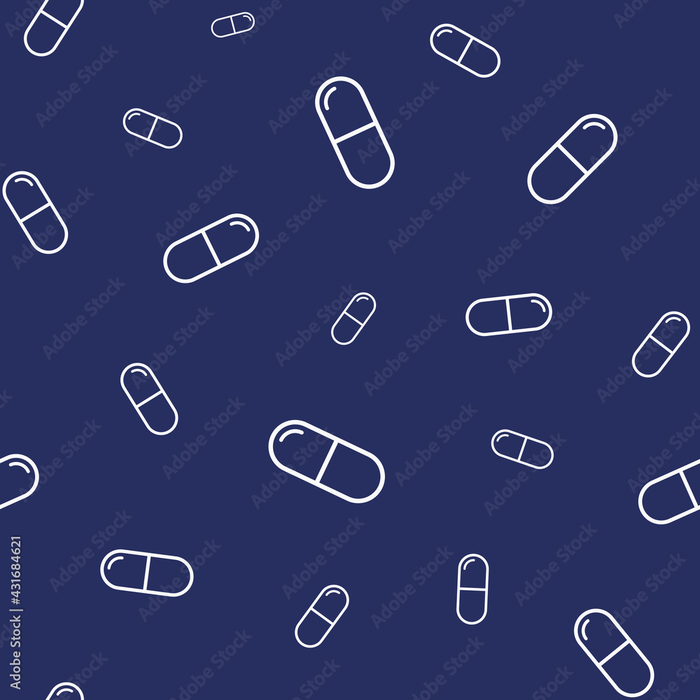 Vector seamless pattern with white pills, tablets, capsules, isolated on dark blue background. Medical preparations. Linear style design. Color illustration. Vector seamless pattern with white pills, tablets, capsules, isolated on dark blue background. Medical preparations. Linear style design. Color illustration.