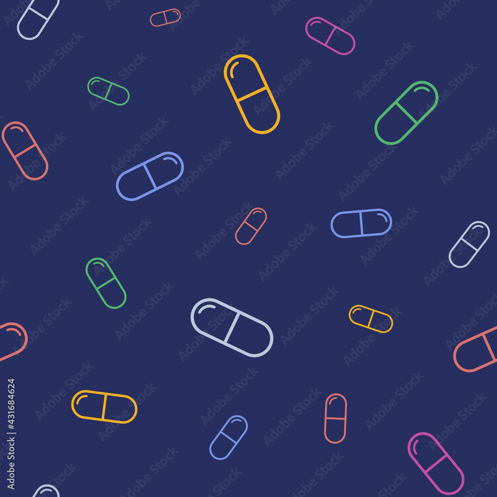 Vector seamless pattern with color pills, tablets, isolated on dark blue background. Medical preparations. Linear style. Outline icons. Color illustration.