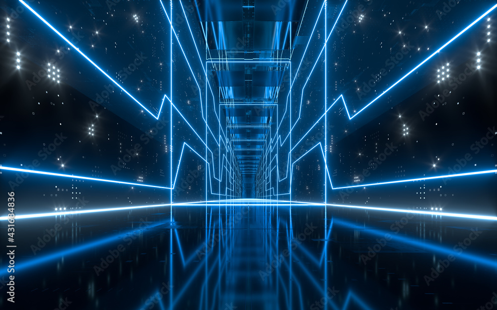 Dark tunnel with glowing neon lines, 3d rendering. Dark tunnel with glowing neon lines, 3d rendering.