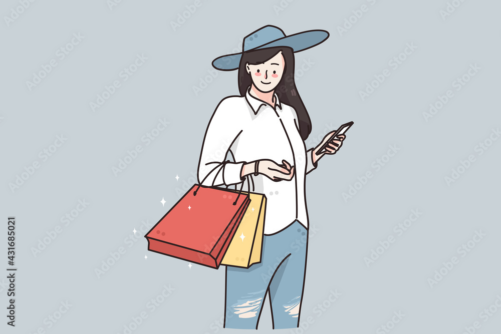 Shopping, sales and discount concept. Young happy woman cartoon character in hat standing with shopping bags purchases and feeling positive vector illustration Shopping, sales and discount concept. Young happy woman cartoon character in hat standing with shopping bags purchases and feeling positive vector illustration