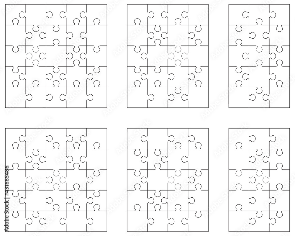 Illustration of six white puzzles, separate parts Illustration of six white puzzles, separate parts