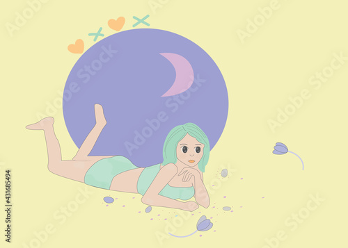 Woman laying down. Pastel color poster, modern design. Vector illustration