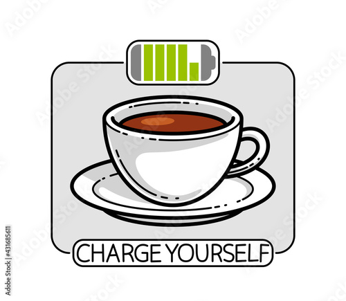 Cup of coffee with battery accumulator sign vector illustration or icon isolated on white, charge yourself concept, wakeup in morning, break in work during a day.