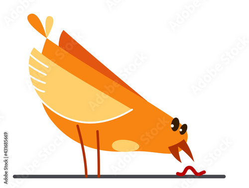 Funny cartoon chicken hunting and eating worm flat vector illustration isolated on white.