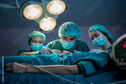 Surgeons with assistants are operation in operating room at hospital,Medical team performing operation.
