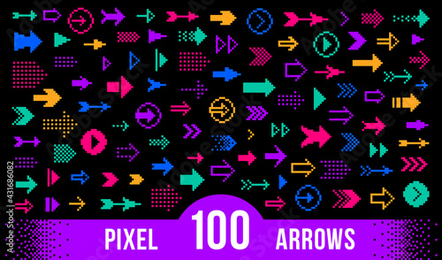 8 Bit pixel arrows vector big set of icons  collection of arrow direction cursors in old PC or gaming console style  single color symbols for logos.